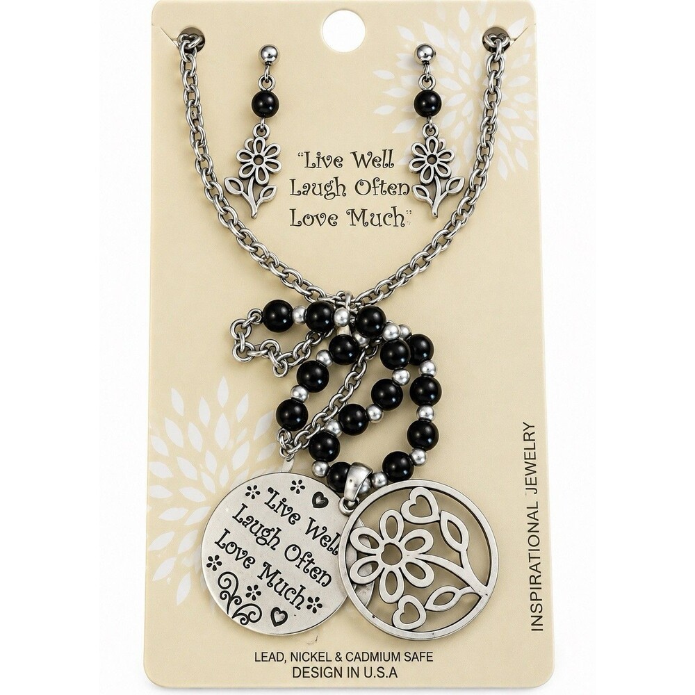 Live Well Laugh Often Love Much Black Beaded Necklace Floral Pendant Boho